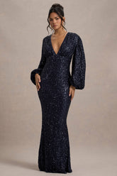 Navy Sequin Plunge-Neck Maxi Dress